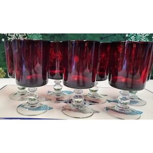 Price Reduced ! Set of 8 Vintage Arcoroc Ruby Wine Glasses w/Glass Bubble‎ Stem